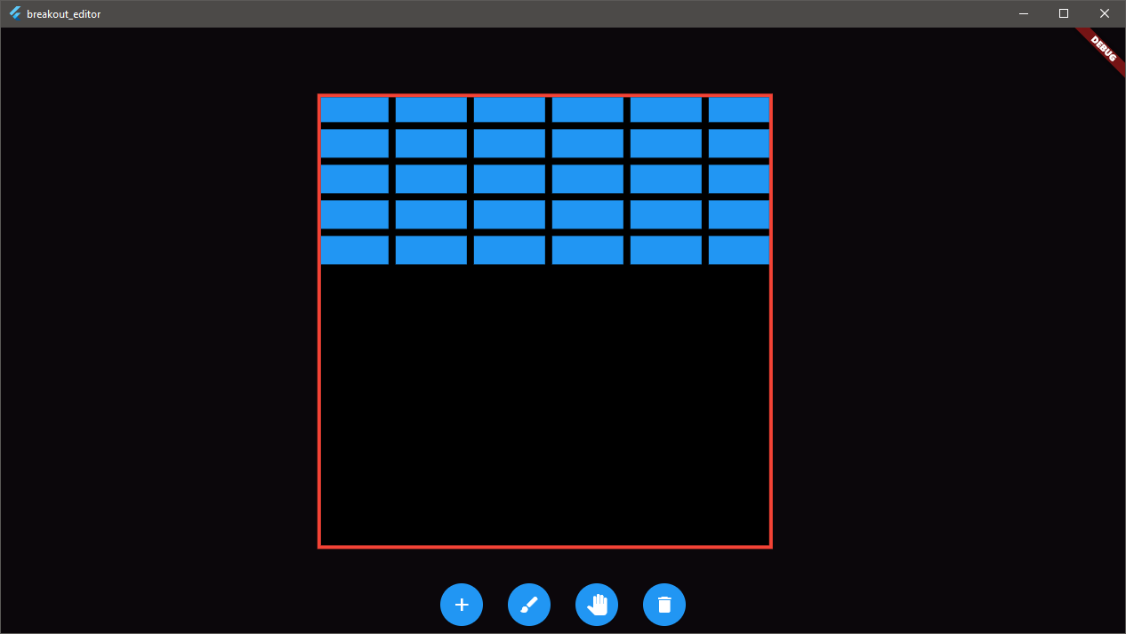 The first screenshot of the application, showing a standard application Window with a grid of blue squares in the center of a larger black square: the play space. A series of blue circular buttons sit at the bottom, serving as menu buttons.